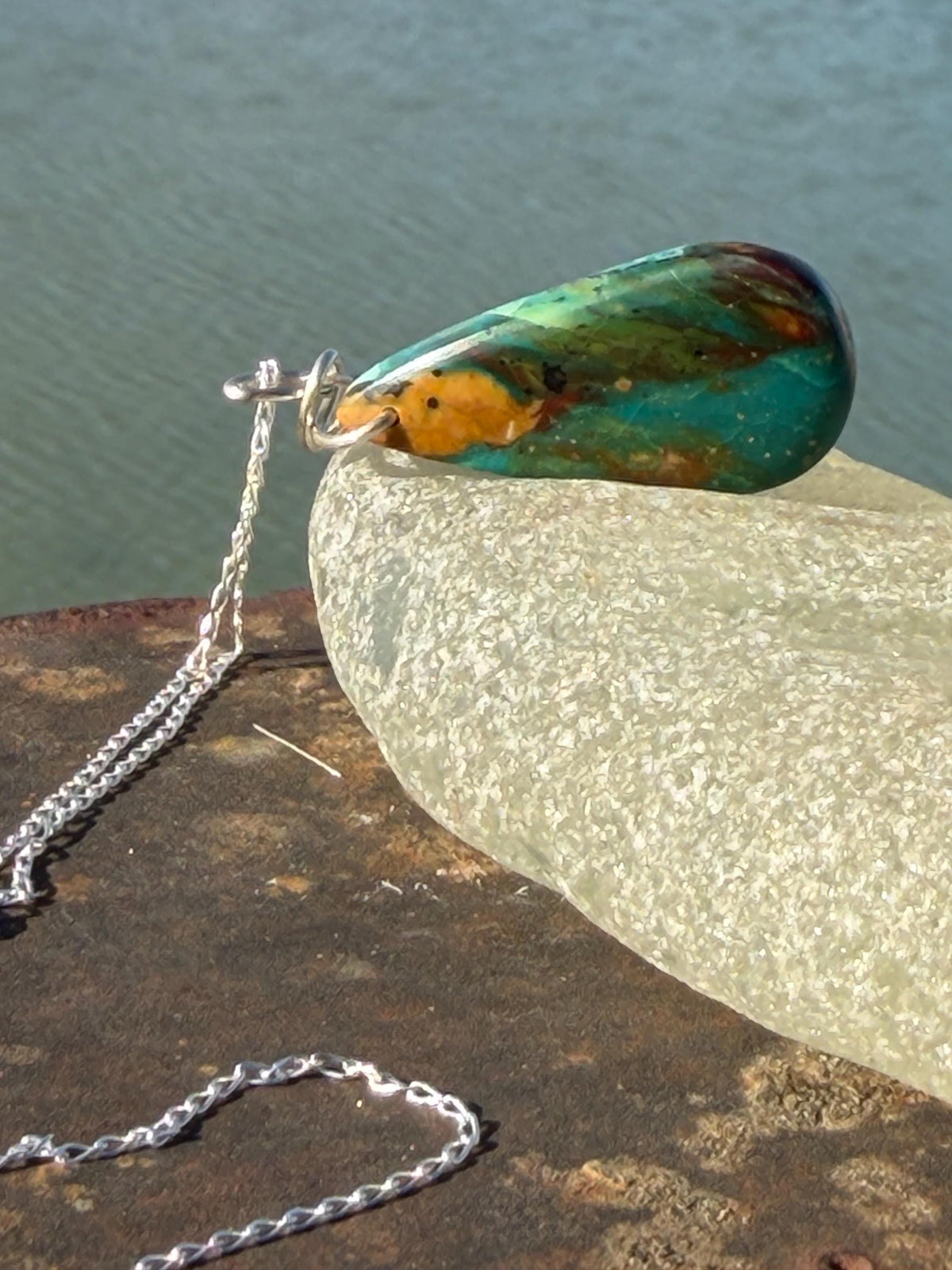 Green opalised wood necklace, ethical jewellery, bohemian necklace, unusual jewellery, unique eco friendly pendant,  red gemstone necklace.