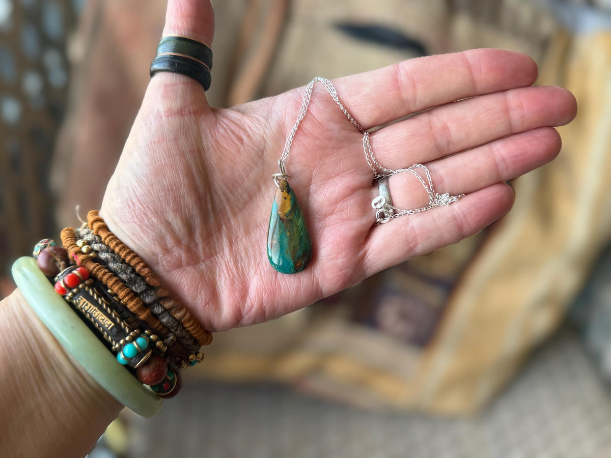 Green opalised wood necklace, ethical jewellery, bohemian necklace, unusual jewellery, unique eco friendly pendant,  red gemstone necklace.