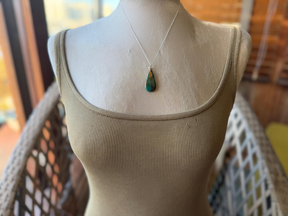 Green opalised wood necklace, ethical jewellery, bohemian necklace, unusual jewellery, unique eco friendly pendant,  red gemstone necklace.