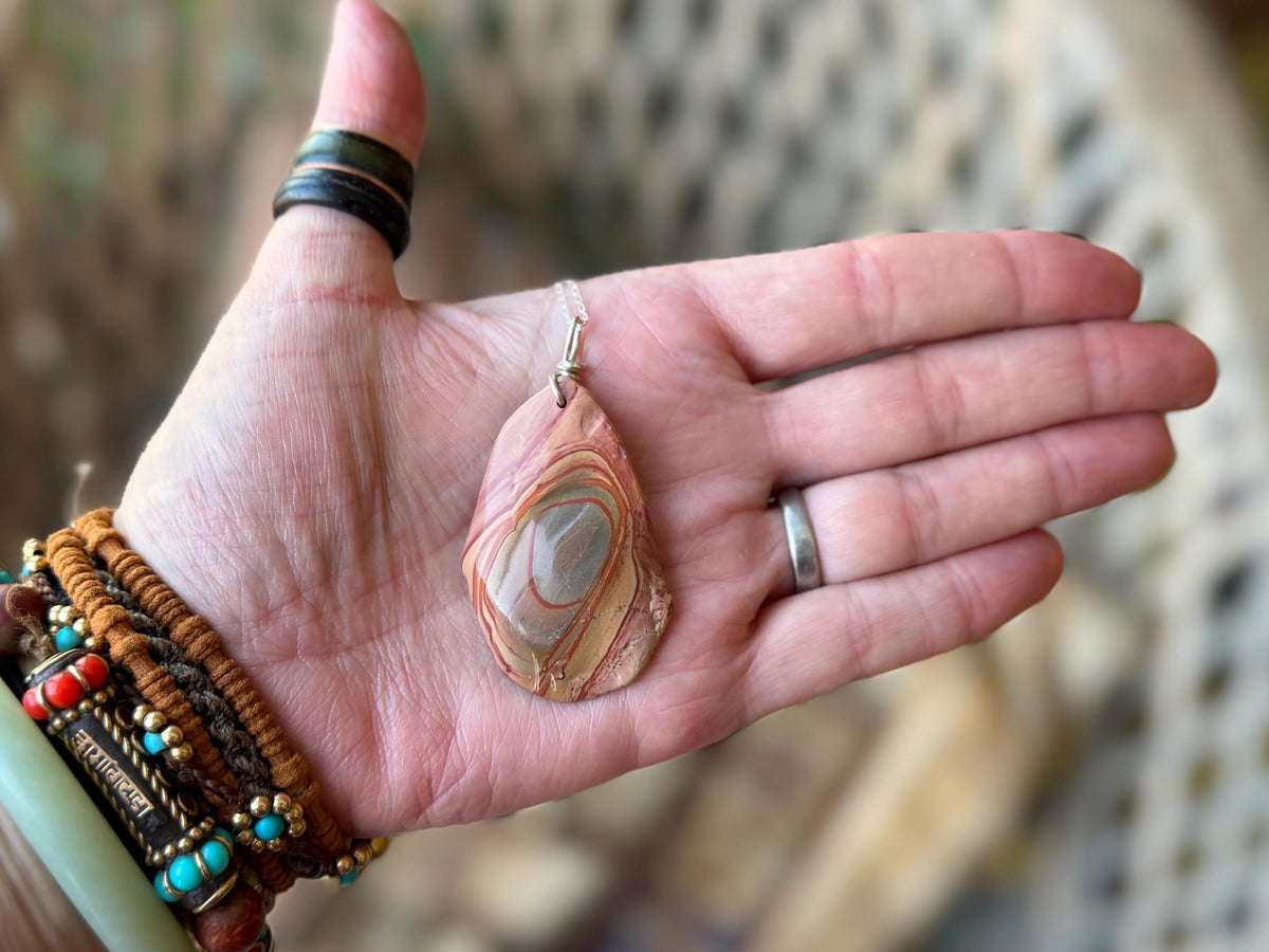 Stunning rhyolite necklace, ethical jewellery, bohemian necklace, unusual jewellery, unique gemstone pendant, orange gemstone necklace