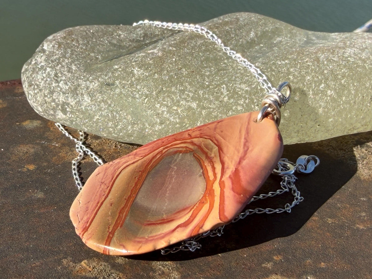 Stunning rhyolite necklace, ethical jewellery, bohemian necklace, unusual jewellery, unique gemstone pendant, orange gemstone necklace