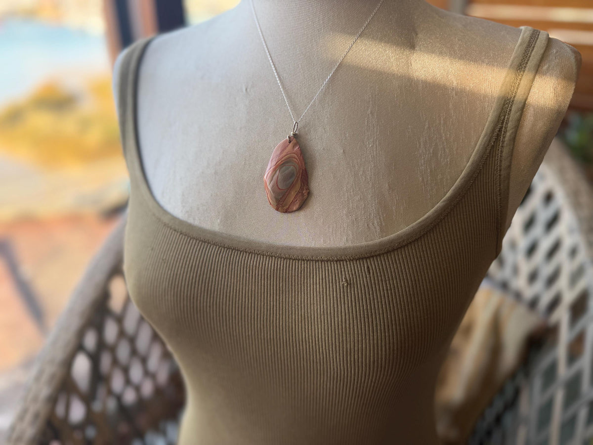 Stunning rhyolite necklace, ethical jewellery, bohemian necklace, unusual jewellery, unique gemstone pendant, orange gemstone necklace