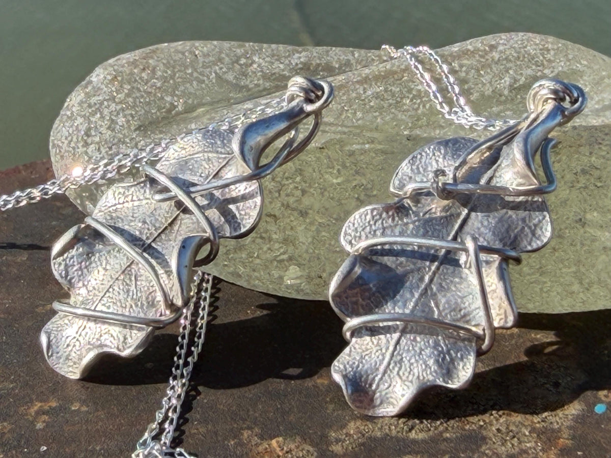 Oak leaf necklace wrapped in recycled sterling silver. Boho gift for her, boho necklace, silver leaf pendant. Silver jewellery.