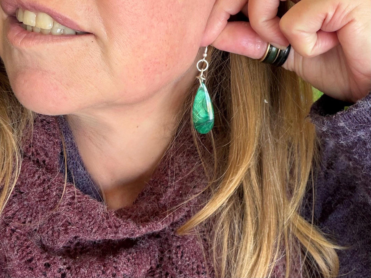 Silver earrings, boho earrings, unusual gift for her, malachite earrings, malachite jewellery, green gemstone earrings. Unusual jewellery