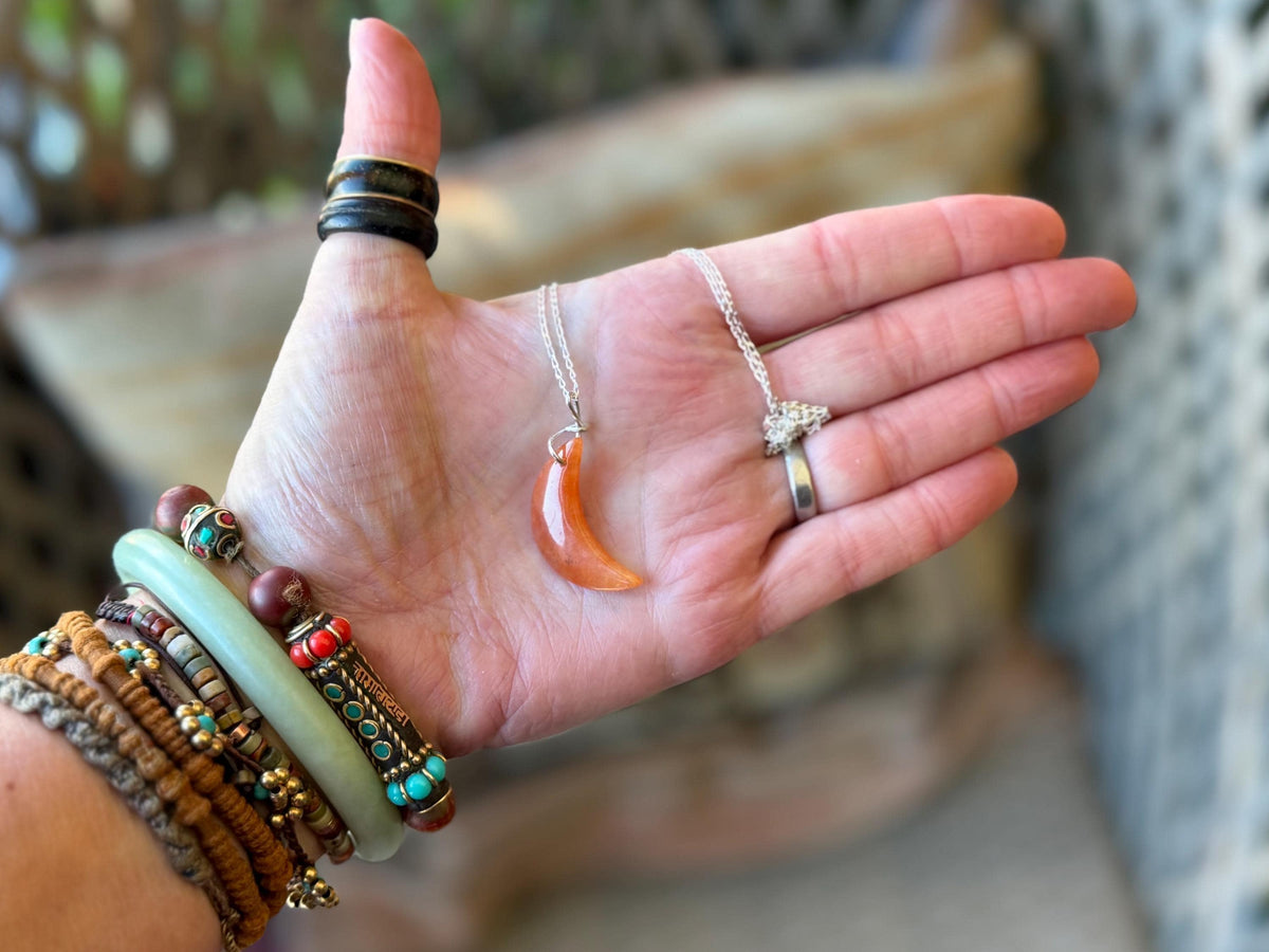 Carnelian moon necklace. Handmade eco friendlt jewellery. Orange gemstone jewellery, ethical jewellery. Handcrafted unique moon pendant.