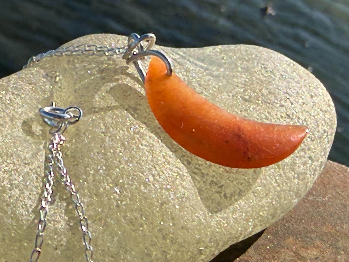 Carnelian moon necklace. Handmade eco friendlt jewellery. Orange gemstone jewellery, ethical jewellery. Handcrafted unique moon pendant.