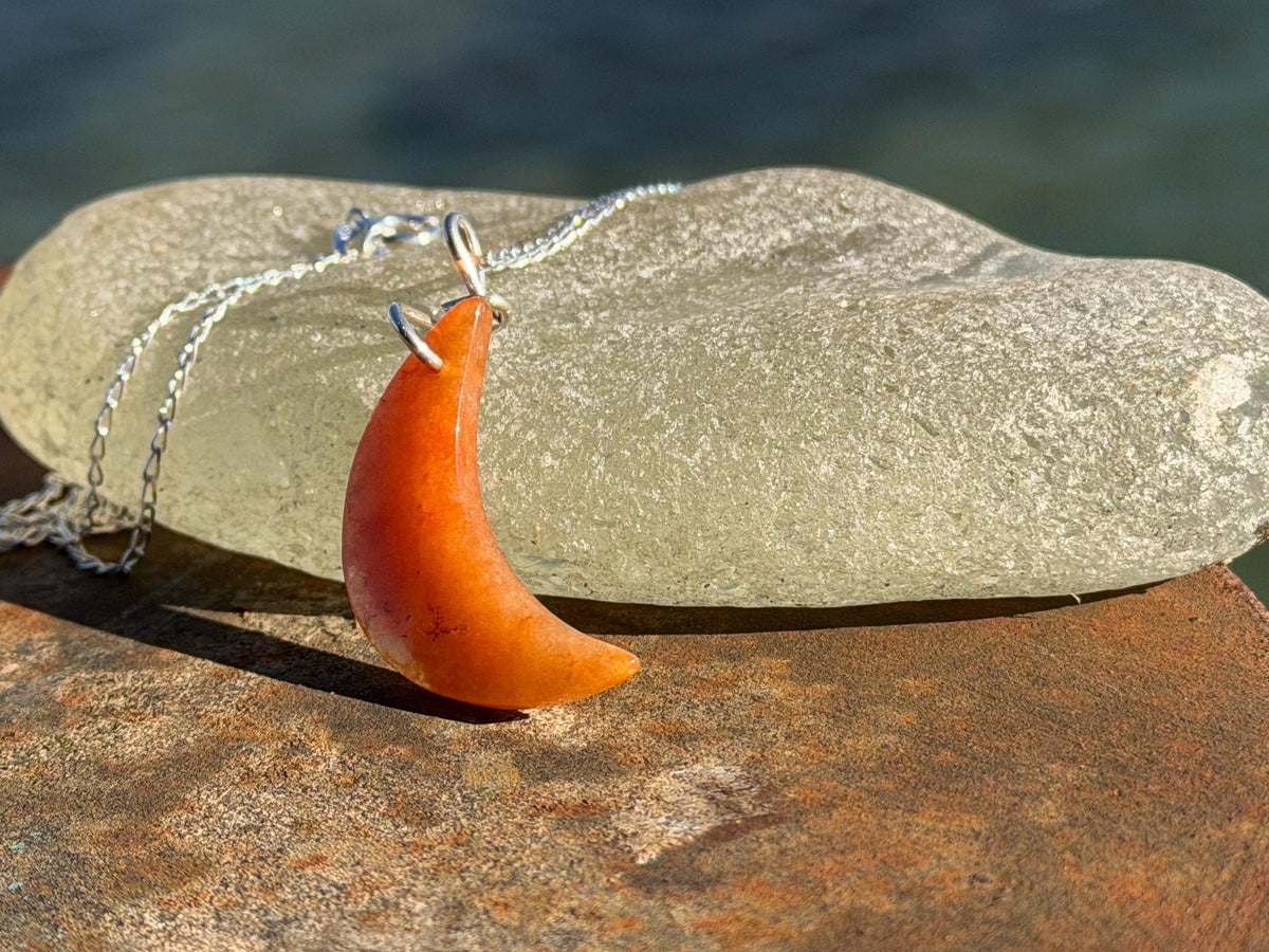 Carnelian moon necklace. Handmade eco friendlt jewellery. Orange gemstone jewellery, ethical jewellery. Handcrafted unique moon pendant.