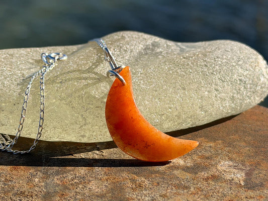 Carnelian moon necklace. Handmade eco friendlt jewellery. Orange gemstone jewellery, ethical jewellery. Handcrafted unique moon pendant.
