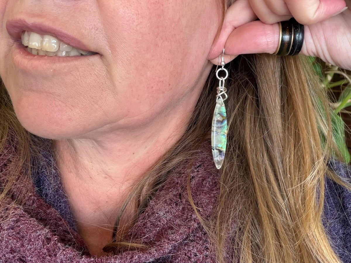 Abalone earrings. Handmade eco friendly earrings, abalone jewellery, rainbow earrings, funky jewellery, unusual jewellery, ethical jewellery