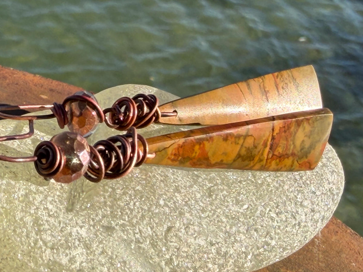 Picasso jasper gemstone earrings. Ethical jewellery, orange gemstone earrings. Stunning unique jewellery. Eco friendly unique earrings.