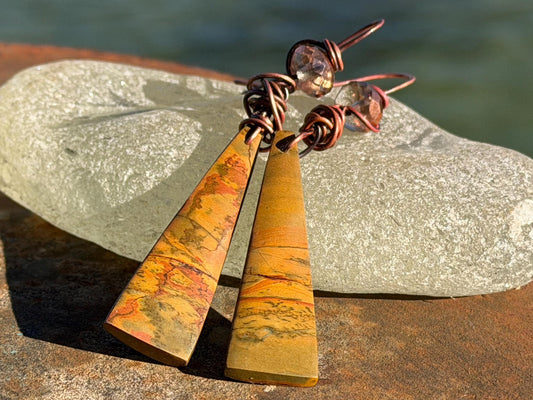 Picasso jasper gemstone earrings. Ethical jewellery, orange gemstone earrings. Stunning unique jewellery. Eco friendly unique earrings.