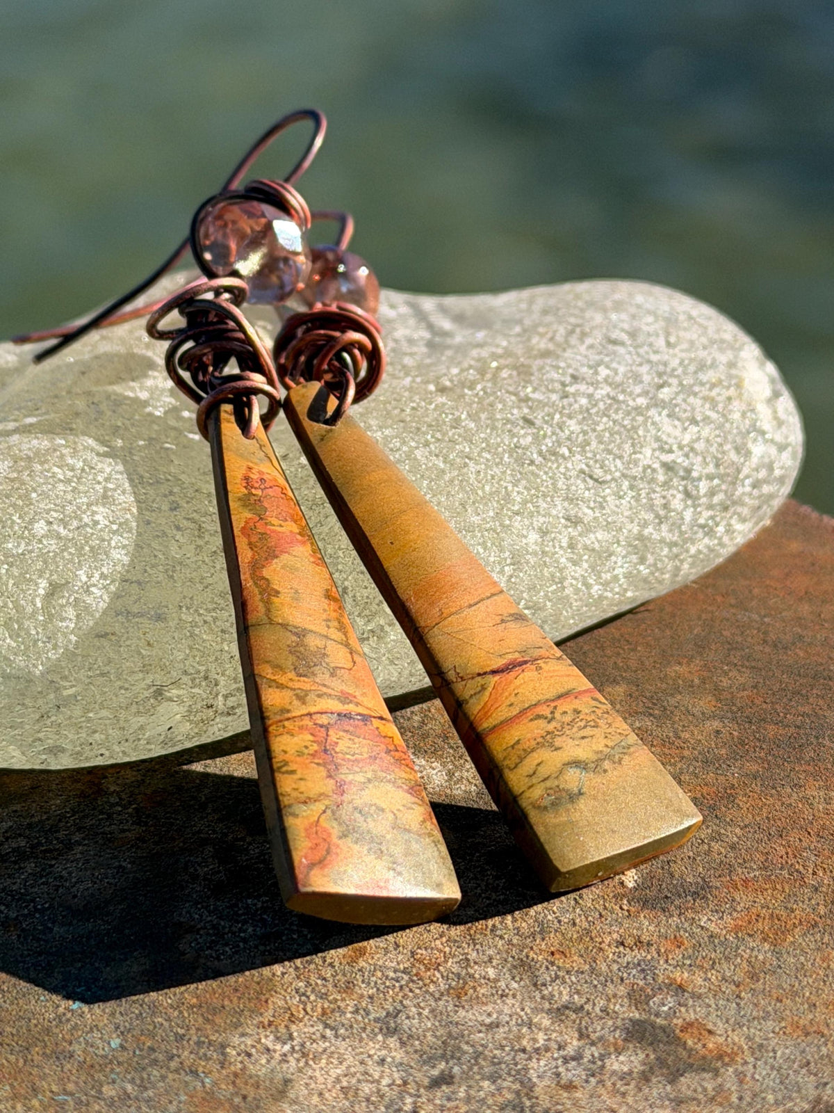 Picasso jasper gemstone earrings. Ethical jewellery, orange gemstone earrings. Stunning unique jewellery. Eco friendly unique earrings.