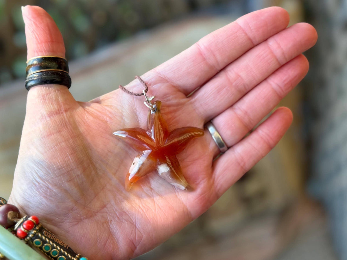 Cherry blossom agate necklace, ethical jewellery, starfish necklace, unique jewellery, orange agate pendant, orange gemstone necklace.