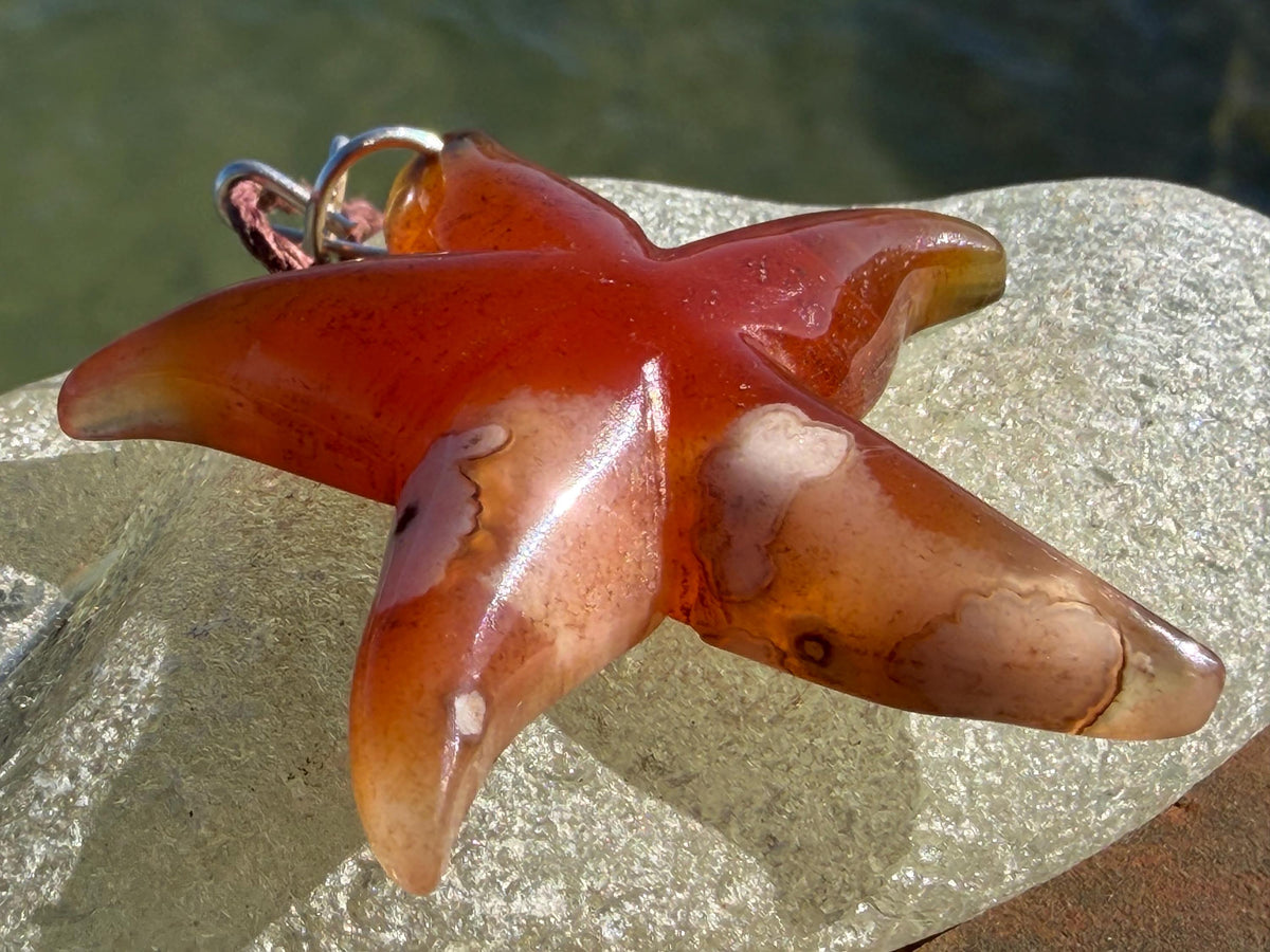 Cherry blossom agate necklace, ethical jewellery, starfish necklace, unique jewellery, orange agate pendant, orange gemstone necklace.