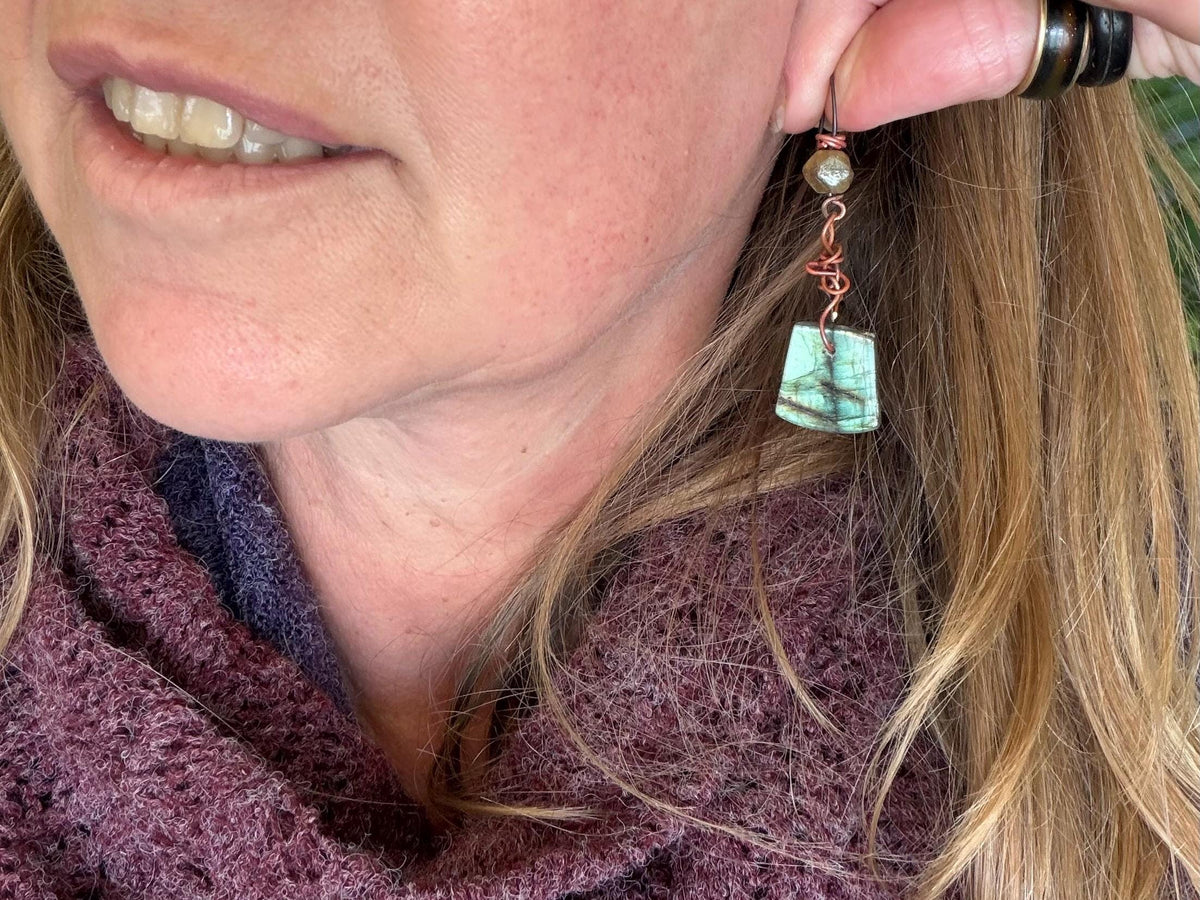 Ethically sourced labradorite earrings held on recycled copper. Ethical eco friendly  jewellery, labradorite jewellery. Boho unique earrings
