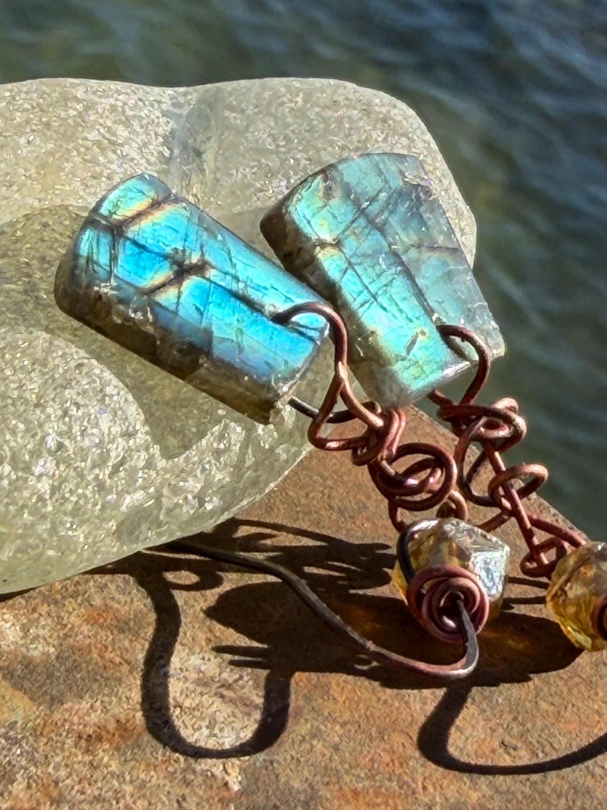 Ethically sourced labradorite earrings held on recycled copper. Ethical eco friendly  jewellery, labradorite jewellery. Boho unique earrings