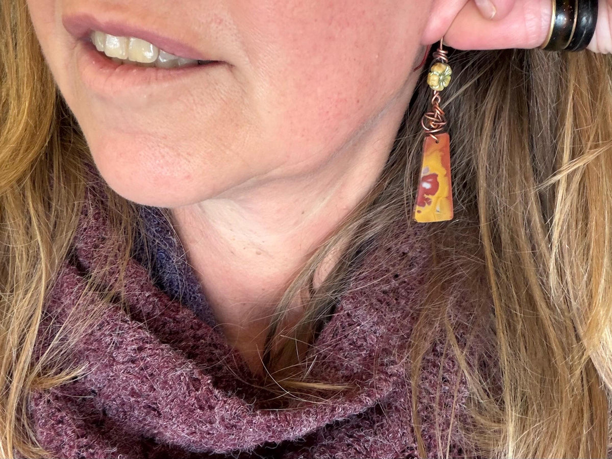 Picasso jasper gemstone earrings. Ethical jewellery, orange gemstone earrings. Stunning unique jewellery. Eco friendly unique earrings.