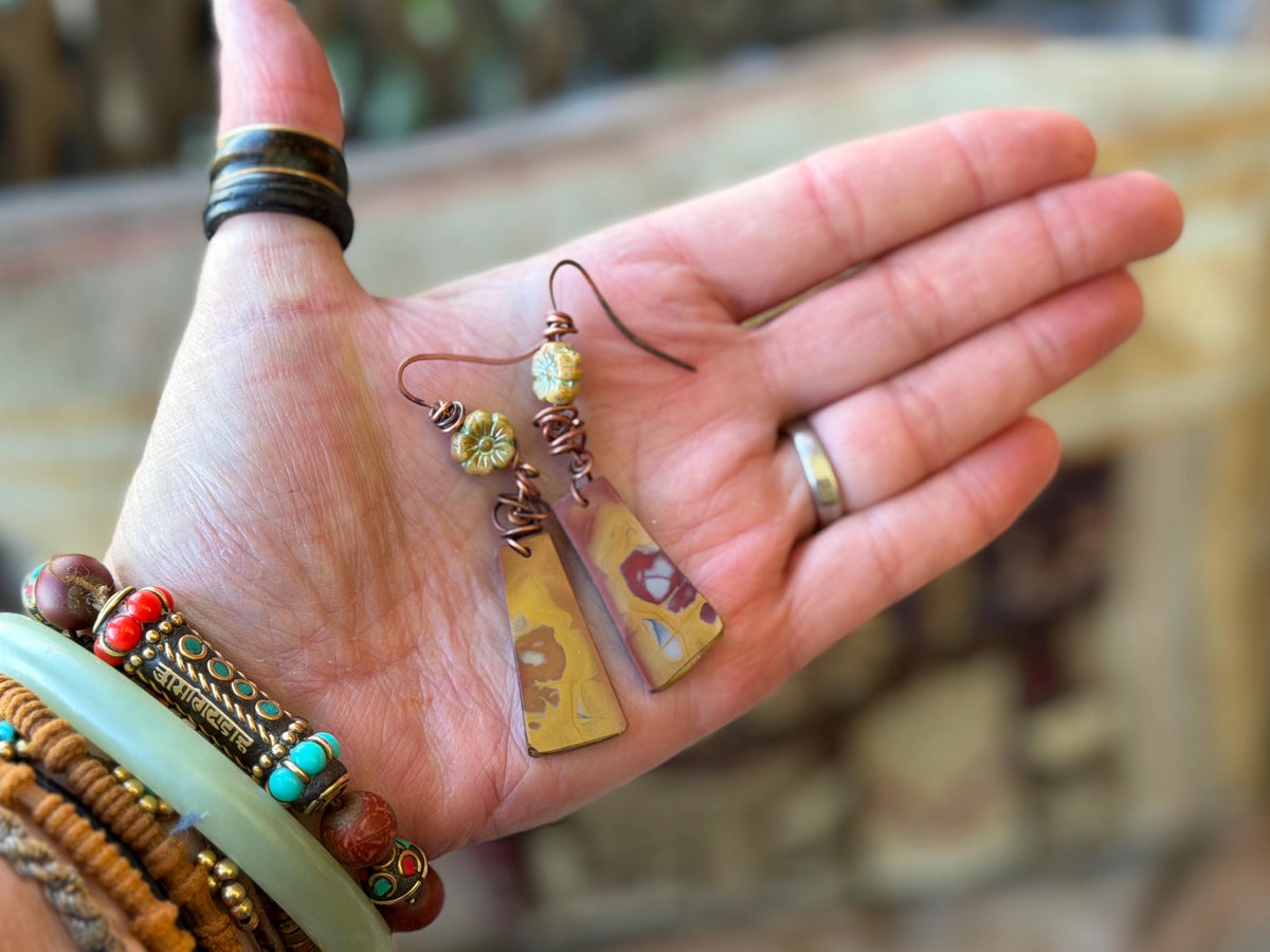 Picasso jasper gemstone earrings. Ethical jewellery, orange gemstone earrings. Stunning unique jewellery. Eco friendly unique earrings.
