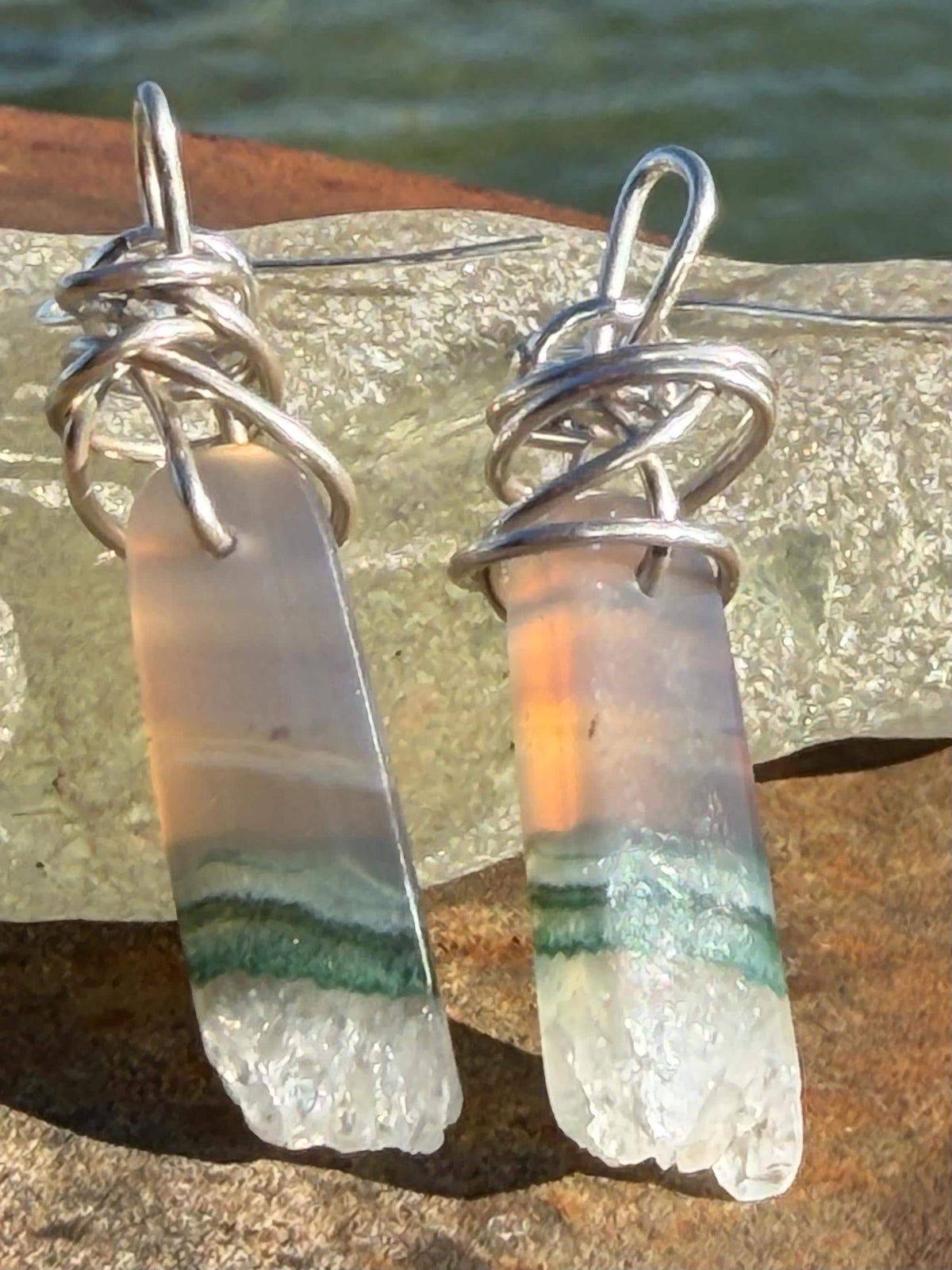 Agate gemstone earrings on recycled sterling silver. Handmade white earrings. Ethical jewellery, boho jewellery. Unique earrings.