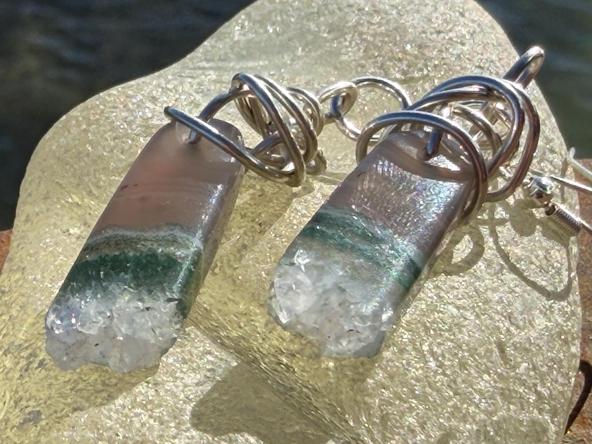 Agate gemstone earrings on recycled sterling silver. Handmade white earrings. Ethical jewellery, boho jewellery. Unique earrings.
