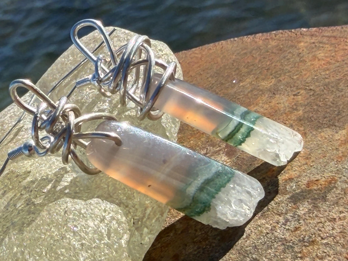 Agate gemstone earrings on recycled sterling silver. Handmade white earrings. Ethical jewellery, boho jewellery. Unique earrings.