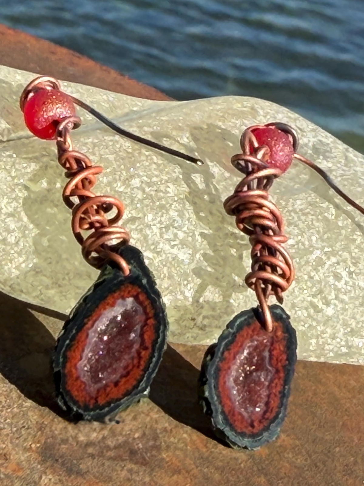 Druzy agate gemstone earrings with sparkly quartz on recycled copper. Handmade earrings. Ethical jewellery, boho jewellery. Unique earrings.