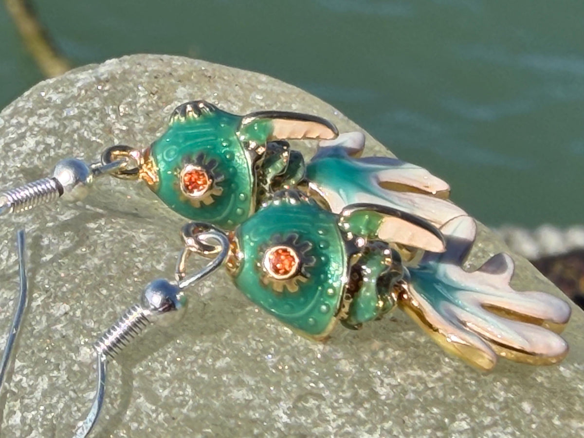 Articulated green fish earrings on recycled sterling silver. Boho earrings. Articulated jewellery.  Cute unusual earrings. GIft for swimmer.