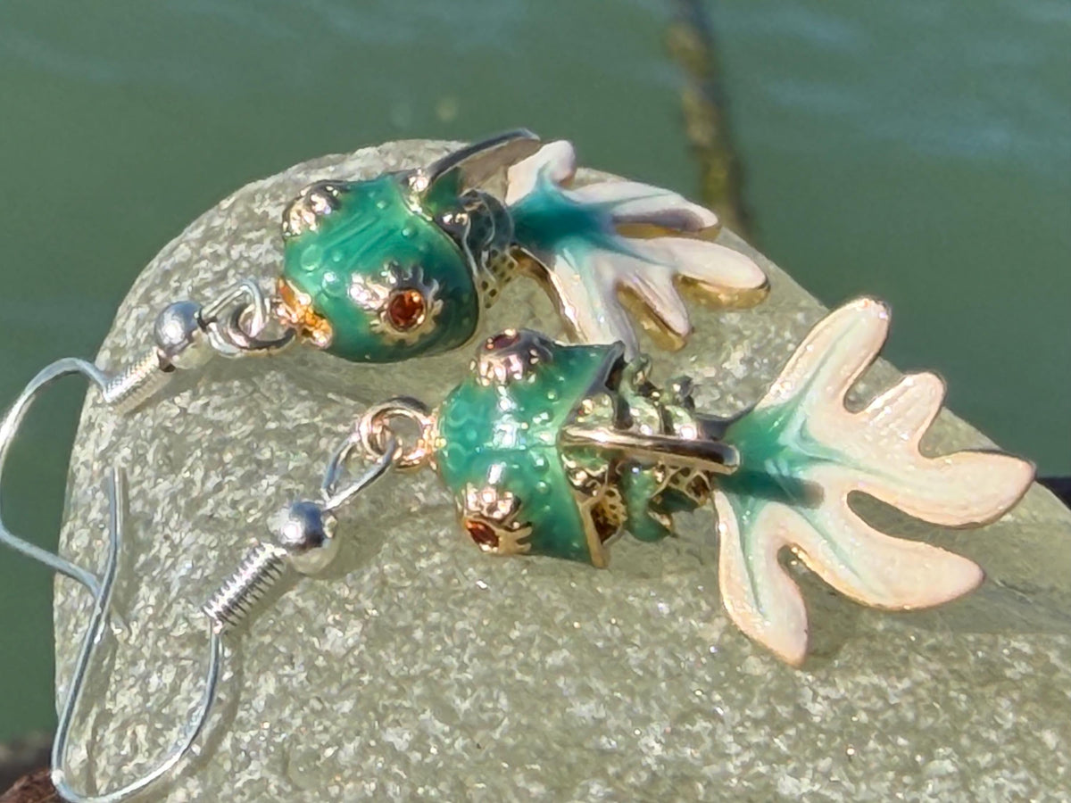 Articulated green fish earrings on recycled sterling silver. Boho earrings. Articulated jewellery.  Cute unusual earrings. GIft for swimmer.