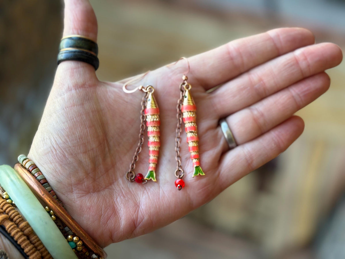 Red articulated fish earrings. Articulated jewellery. Eco friendly handmade jewellery.  Boho unusual earrings. Ethical and unique earrings.