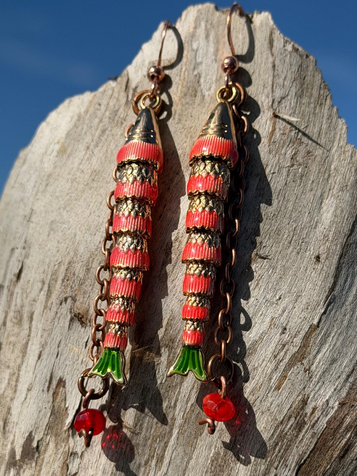 Red articulated fish earrings. Articulated jewellery. Eco friendly handmade jewellery.  Boho unusual earrings. Ethical and unique earrings.