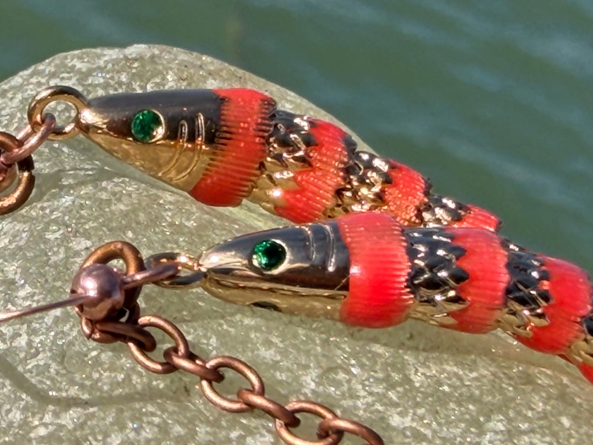 Red articulated fish earrings. Articulated jewellery. Eco friendly handmade jewellery.  Boho unusual earrings. Ethical and unique earrings.
