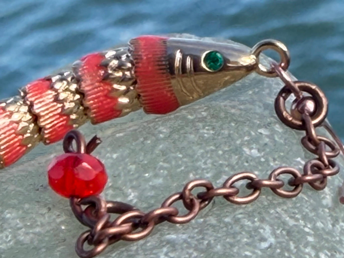 Red articulated fish earrings. Articulated jewellery. Eco friendly handmade jewellery.  Boho unusual earrings. Ethical and unique earrings.