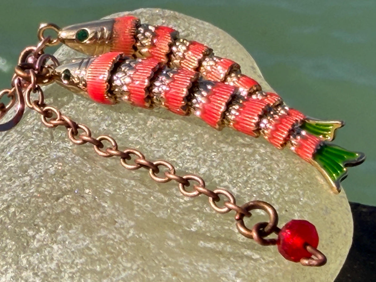 Red articulated fish earrings. Articulated jewellery. Eco friendly handmade jewellery.  Boho unusual earrings. Ethical and unique earrings.