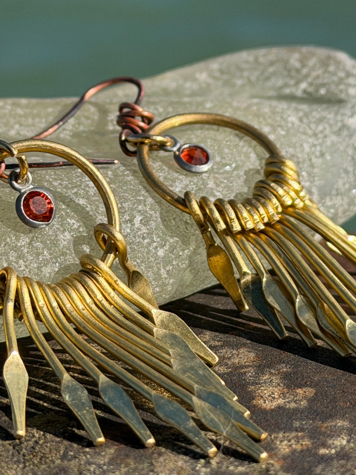 Eco friendly jewellery. Handmade ethical earrings made with recycled brass and vintage glass beading. Ethical boho dangly earrings.