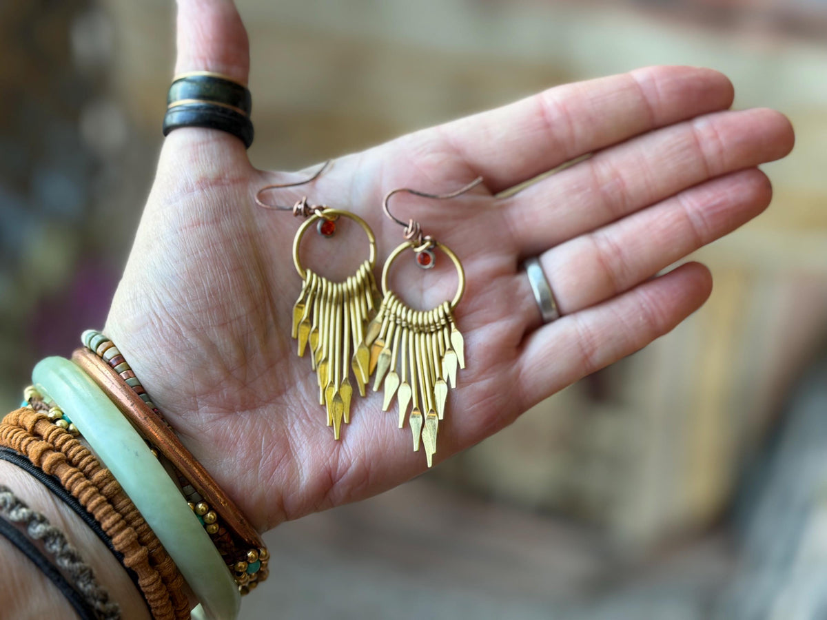 Eco friendly jewellery. Handmade ethical earrings made with recycled brass and vintage glass beading. Ethical boho dangly earrings.