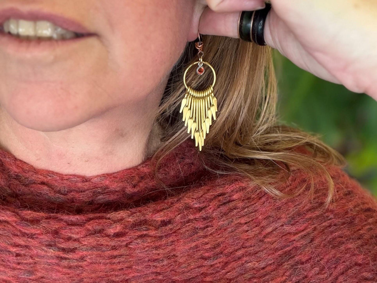 Eco friendly jewellery. Handmade ethical earrings made with recycled brass and vintage glass beading. Ethical boho dangly earrings.