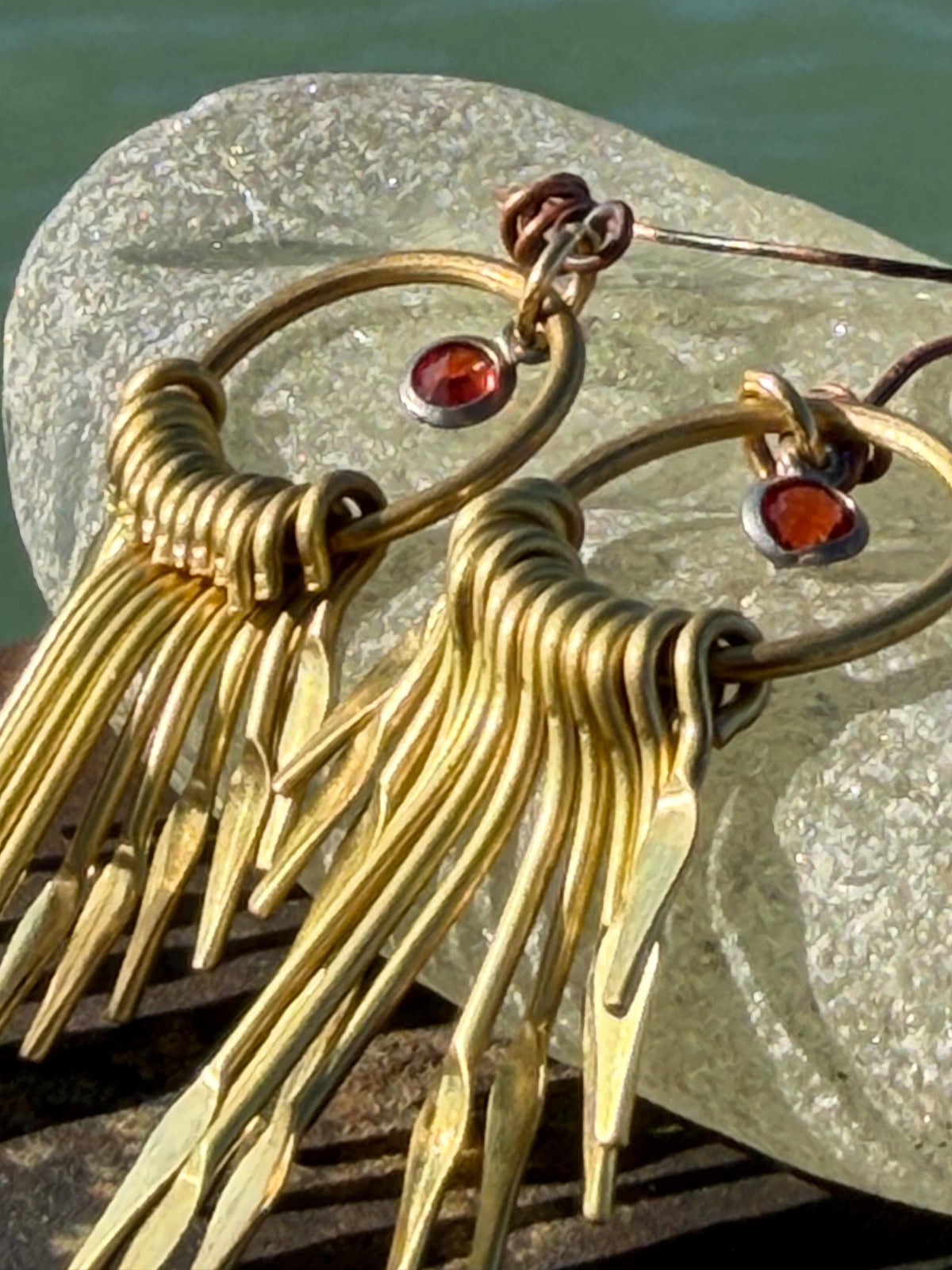 Eco friendly jewellery. Handmade ethical earrings made with recycled brass and vintage glass beading. Ethical boho dangly earrings.