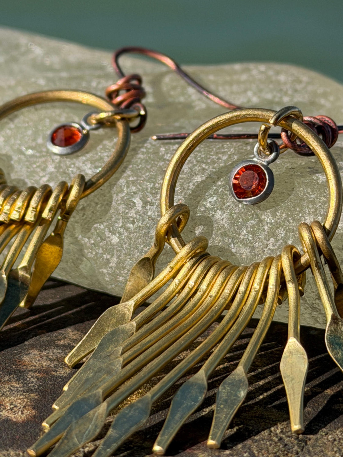 Eco friendly jewellery. Handmade ethical earrings made with recycled brass and vintage glass beading. Ethical boho dangly earrings.