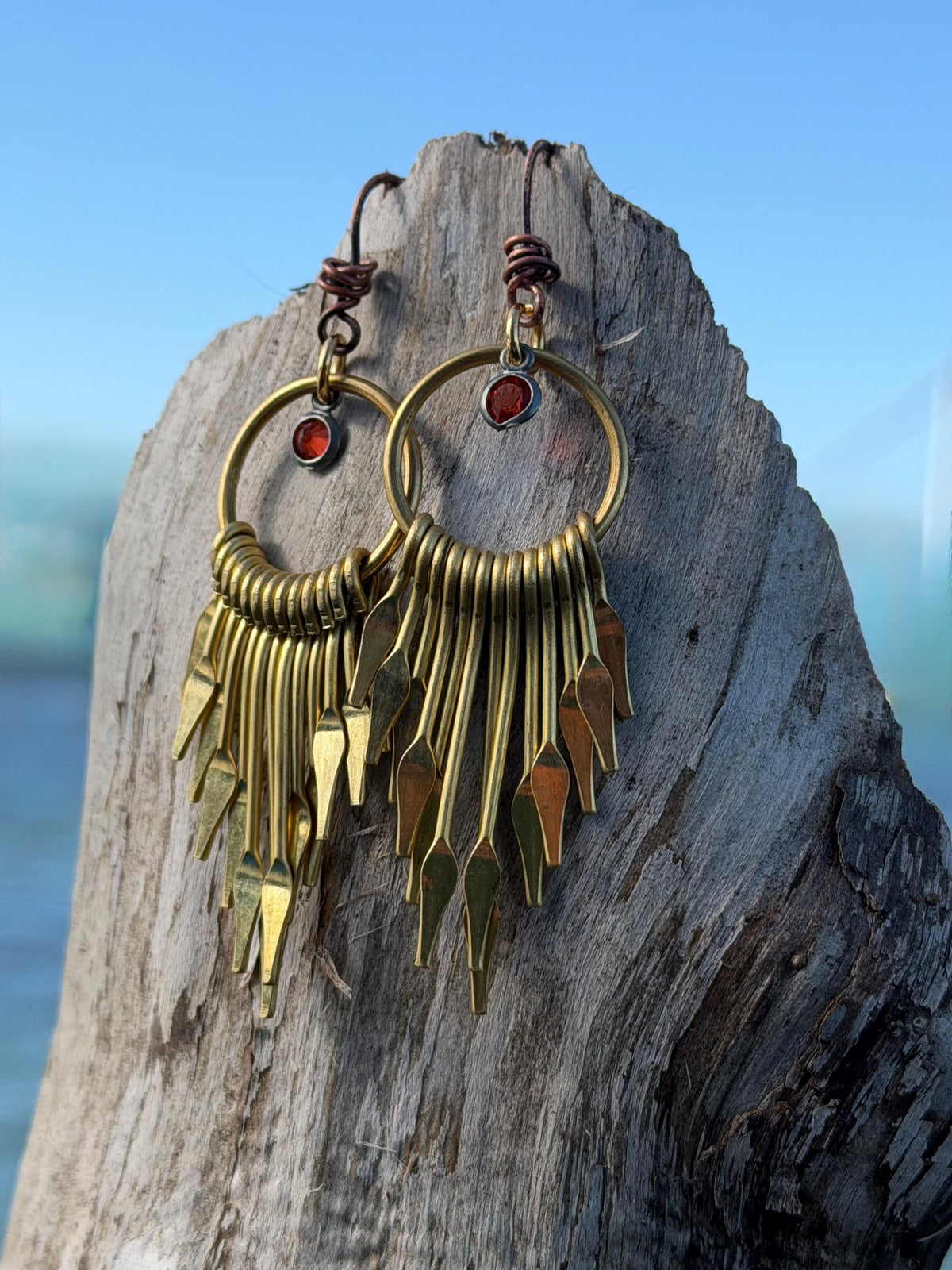 Eco friendly jewellery. Handmade ethical earrings made with recycled brass and vintage glass beading. Ethical boho dangly earrings.