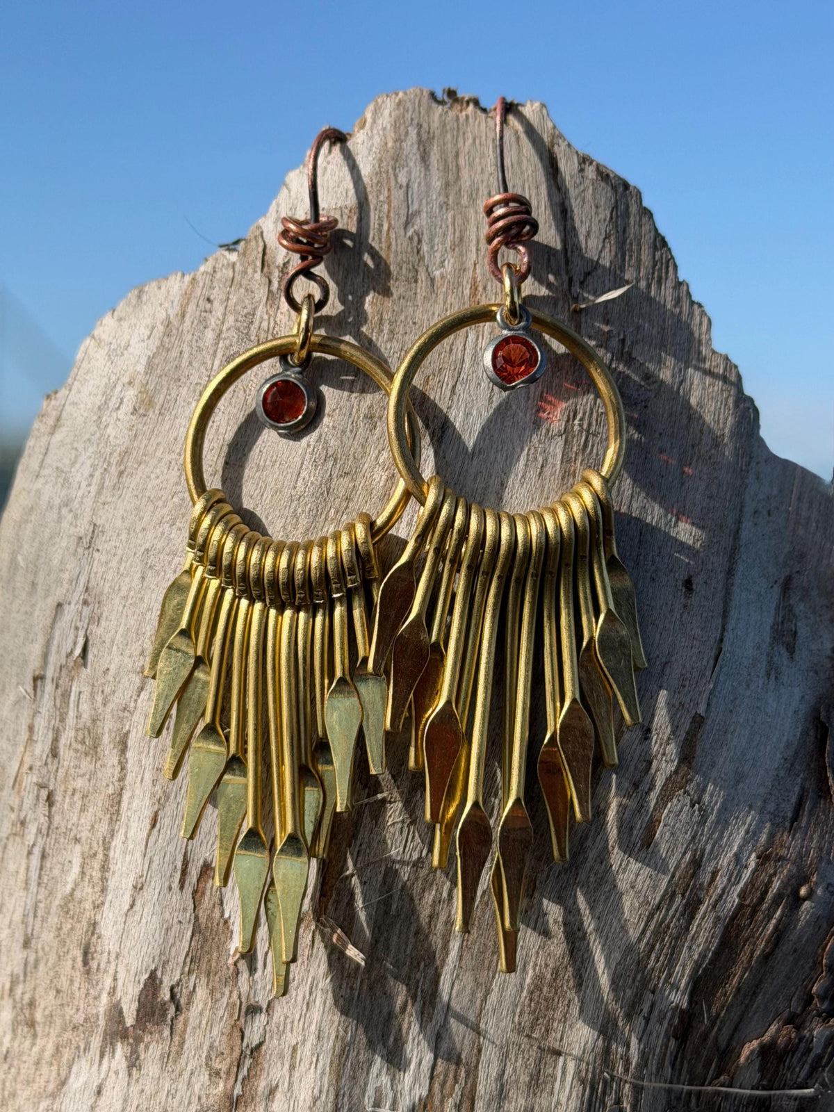 Eco friendly jewellery. Handmade ethical earrings made with recycled brass and vintage glass beading. Ethical boho dangly earrings.