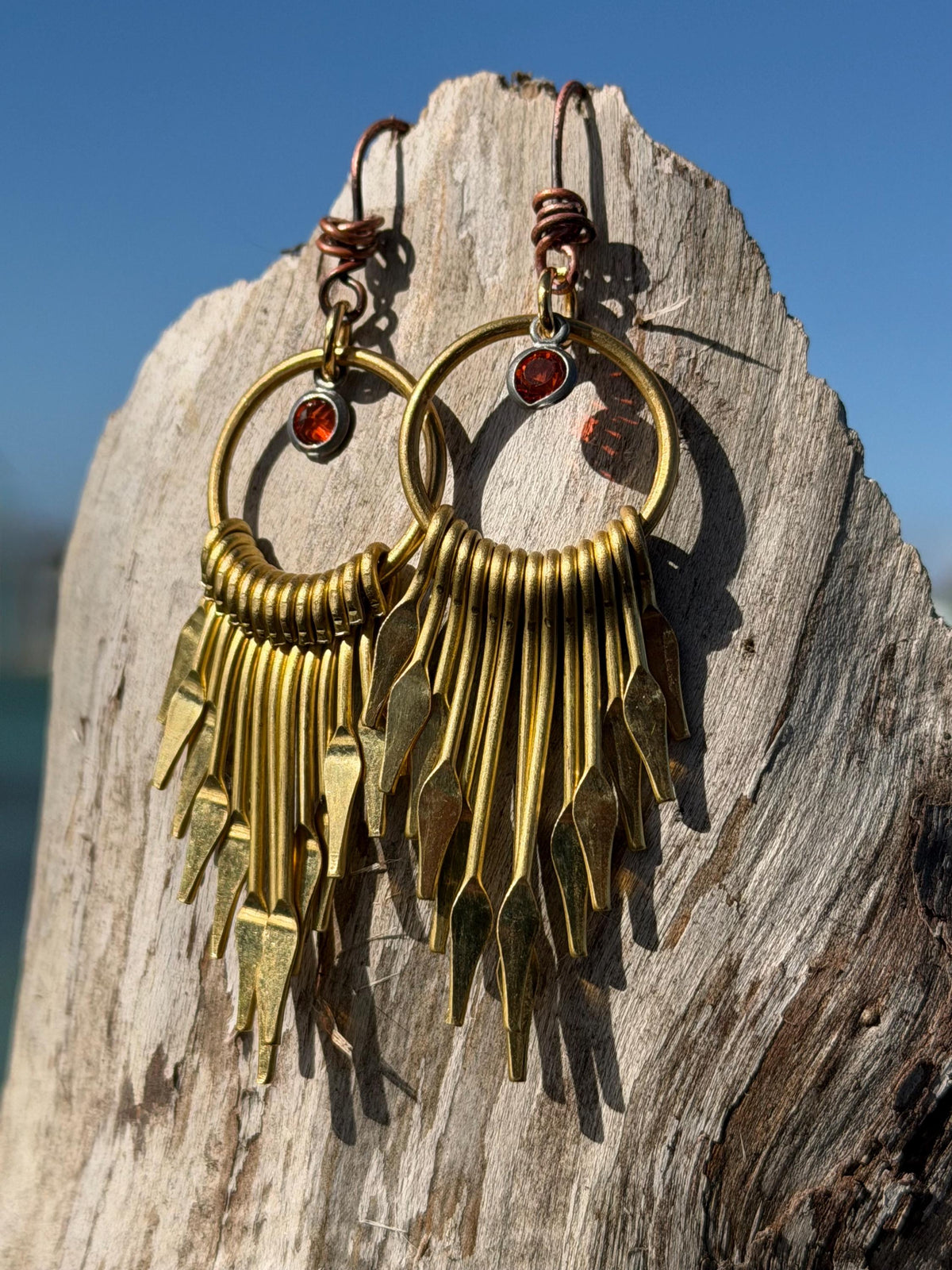 Eco friendly jewellery. Handmade ethical earrings made with recycled brass and vintage glass beading. Ethical boho dangly earrings.