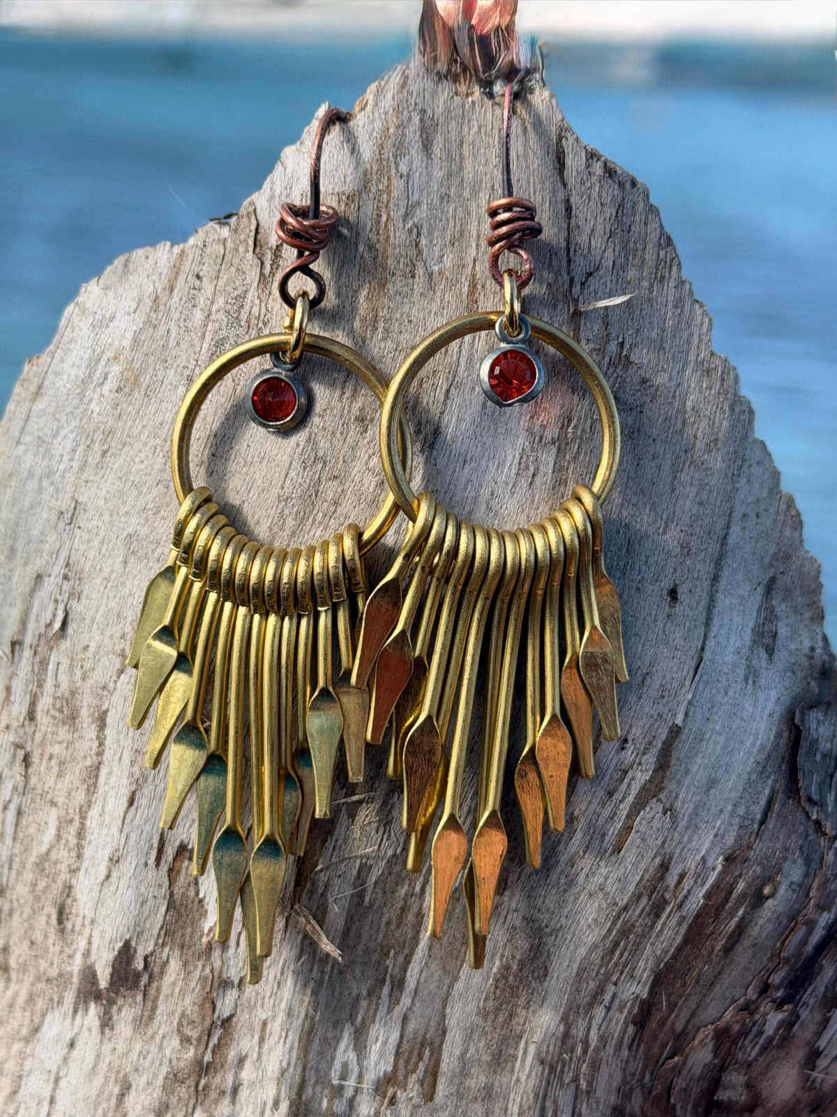 Eco friendly jewellery. Handmade ethical earrings made with recycled brass and vintage glass beading. Ethical boho dangly earrings.