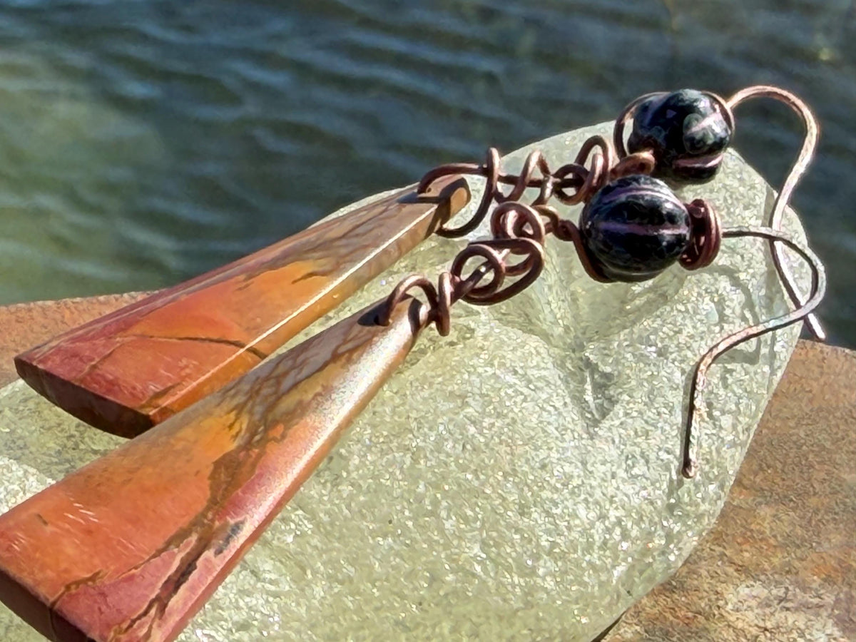 Picasso jasper gemstone earrings. Ethical jewellery, orange gemstone earrings. Stunning unique jewellery. Eco friendly unique earrings.