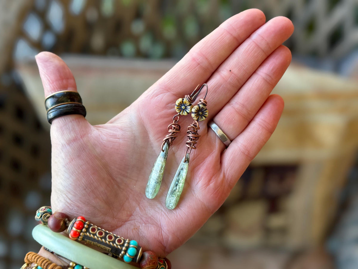 Green kyanite earrings hung on recycled copper. Unique gemstone jewellery. handmade unusual jewellery, ethically made. Eco friendly earrings