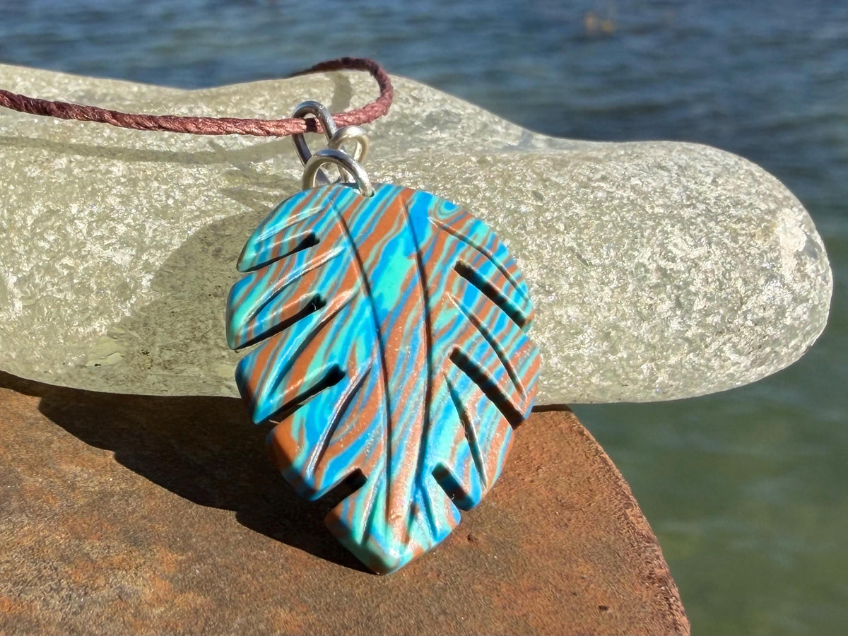 Picasso jasper leaf pendant. Unusual necklace, boho jewellery, unusual jewellery, unique gift for him. Blue leaves. recycled sterling silver