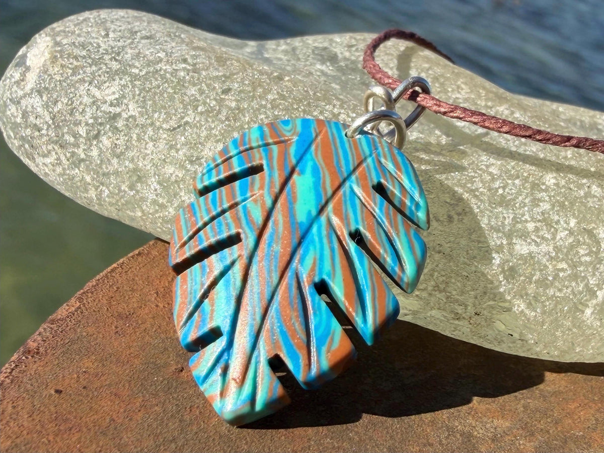 Picasso jasper leaf pendant. Unusual necklace, boho jewellery, unusual jewellery, unique gift for him. Blue leaves. recycled sterling silver