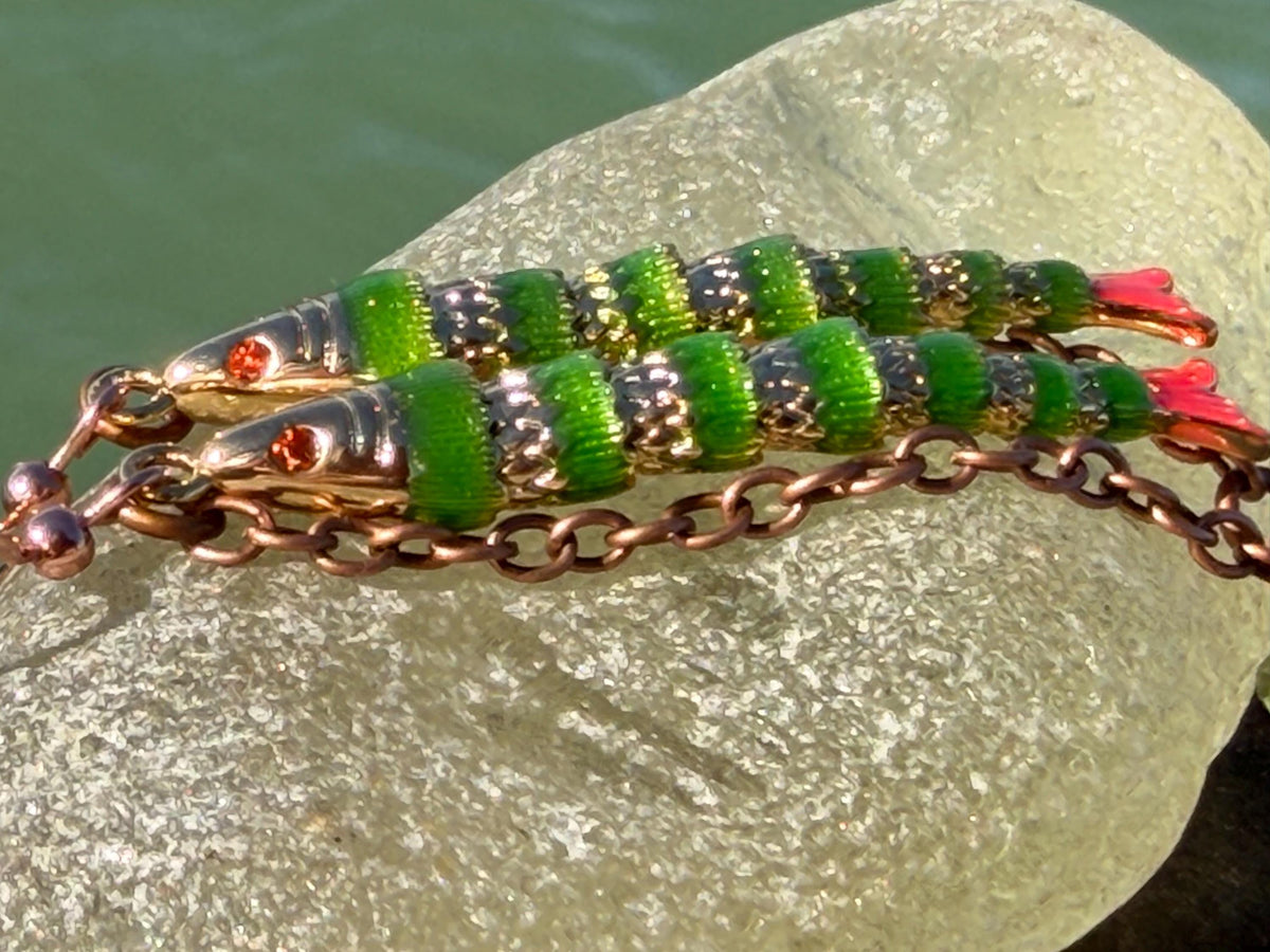 Articulated green fish earrings on recycled sterling silver. Boho earrings. Articulated jewellery.  Cute unusual earrings. GIft for swimmer.