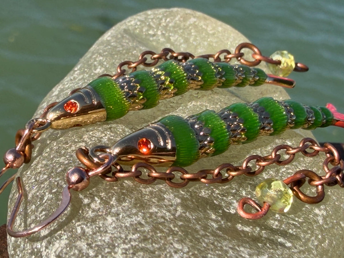 Articulated green fish earrings on recycled sterling silver. Boho earrings. Articulated jewellery.  Cute unusual earrings. GIft for swimmer.