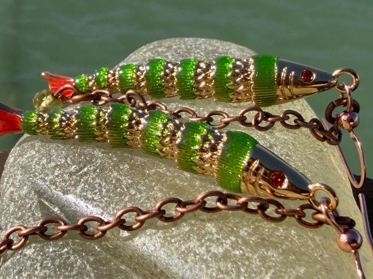 Articulated green fish earrings on recycled sterling silver. Boho earrings. Articulated jewellery.  Cute unusual earrings. GIft for swimmer.