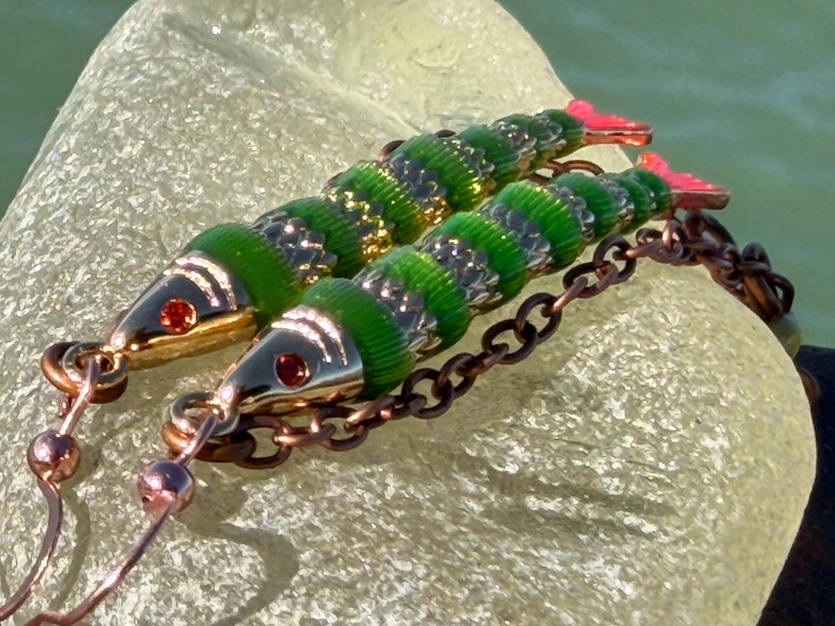 Articulated green fish earrings on recycled sterling silver. Boho earrings. Articulated jewellery.  Cute unusual earrings. GIft for swimmer.